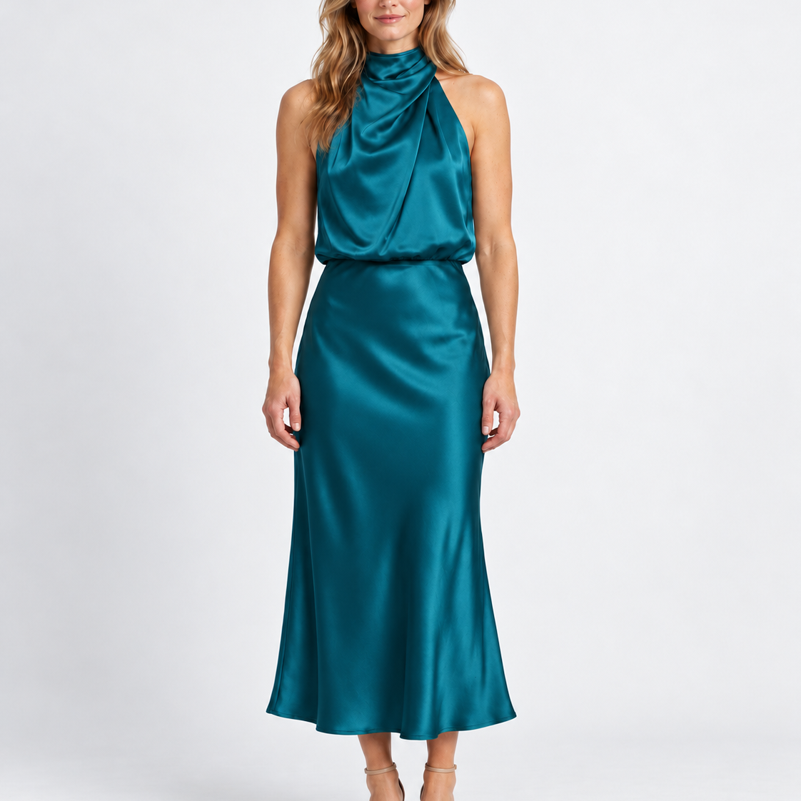 Elegante Gedrapeerde Midi-Jurk met Hoge Hals voor Dames