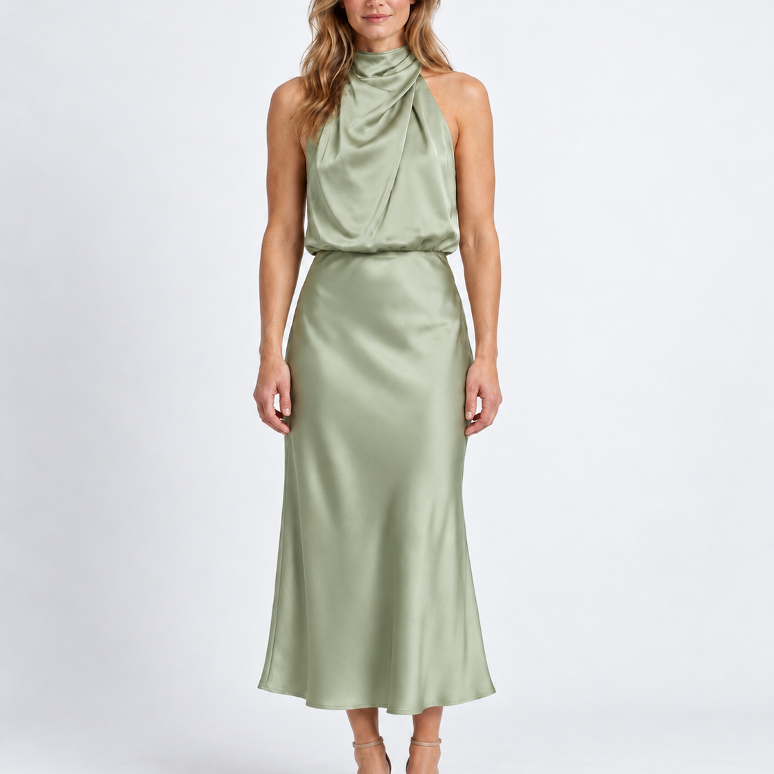 Elegante Gedrapeerde Midi-Jurk met Hoge Hals voor Dames