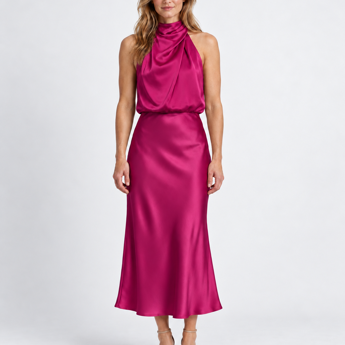 Elegante Gedrapeerde Midi-Jurk met Hoge Hals voor Dames