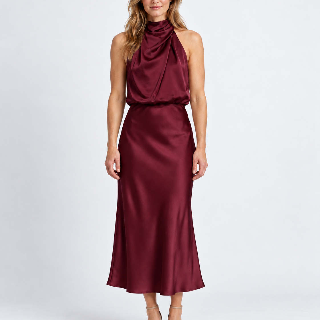 Elegante Gedrapeerde Midi-Jurk met Hoge Hals voor Dames