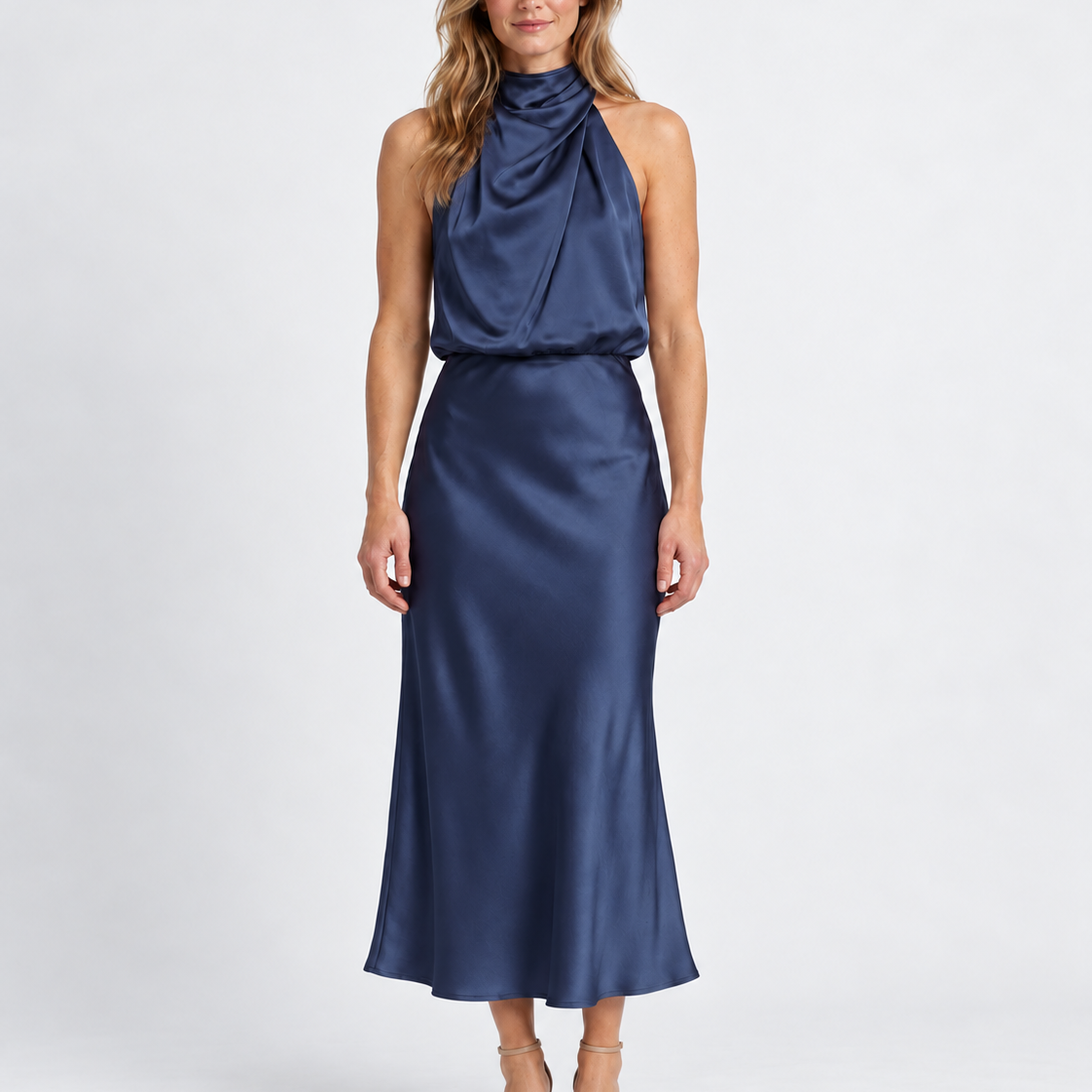 Elegante Gedrapeerde Midi-Jurk met Hoge Hals voor Dames