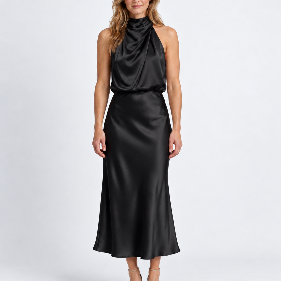 Elegante Gedrapeerde Midi-Jurk met Hoge Hals voor Dames