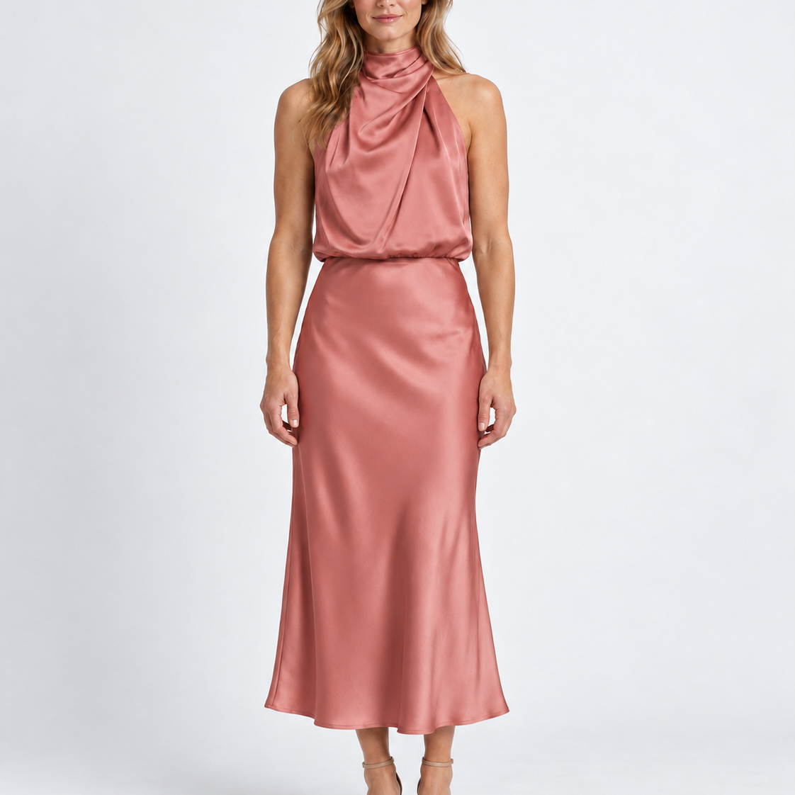 Elegante Gedrapeerde Midi-Jurk met Hoge Hals voor Dames