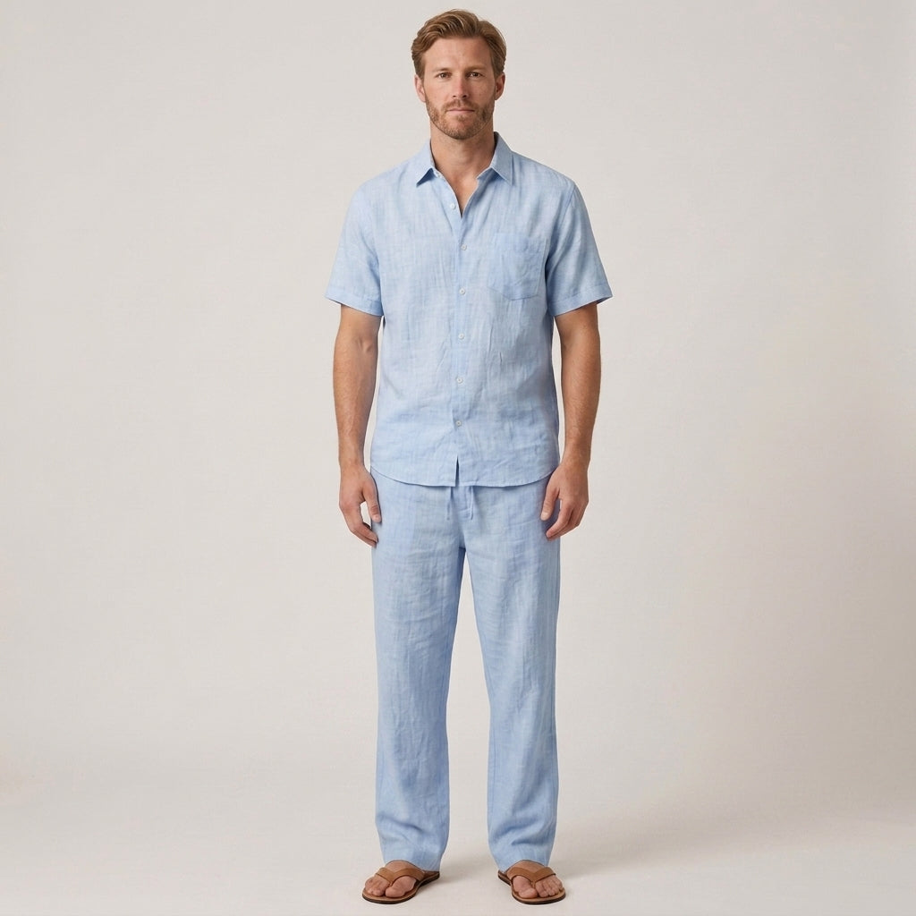 Tweedelige zomerset met V-hals overhemd en wijde broek voor heren
