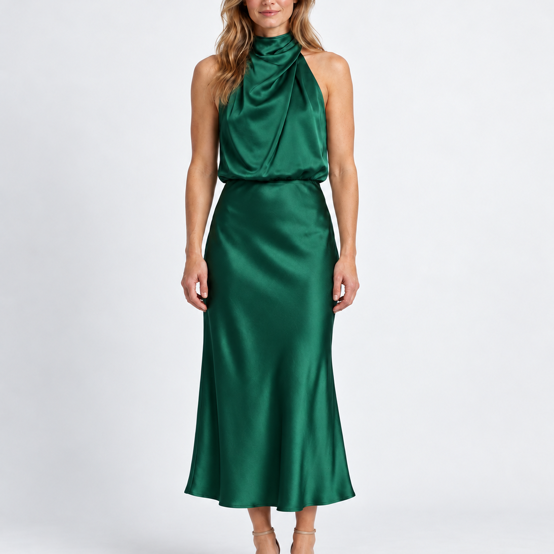 Elegante Gedrapeerde Midi-Jurk met Hoge Hals voor Dames