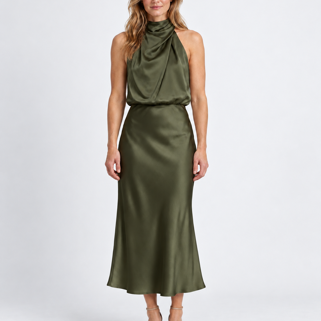 Elegante Gedrapeerde Midi-Jurk met Hoge Hals voor Dames