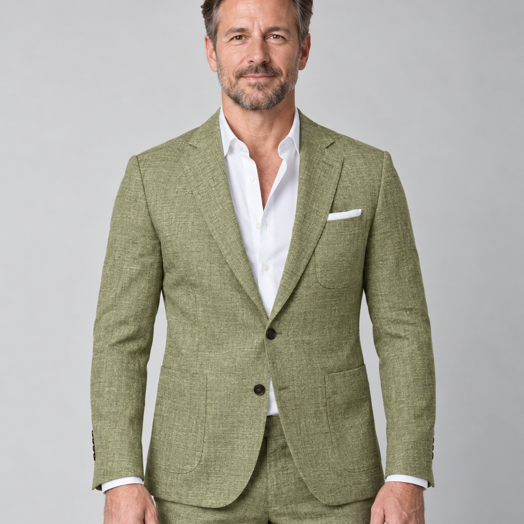 Vooraanzicht van een olijfgroen herenpak met tweeknoops colbert en bijpassende broek, gedragen met een wit overhemd.