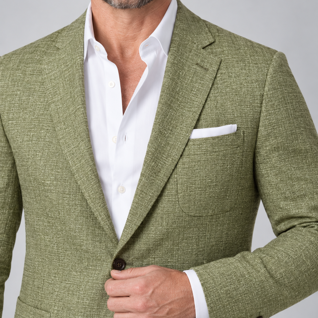 Close-up van een man in een groen gemêleerd colbert met wit overhemd en pochet