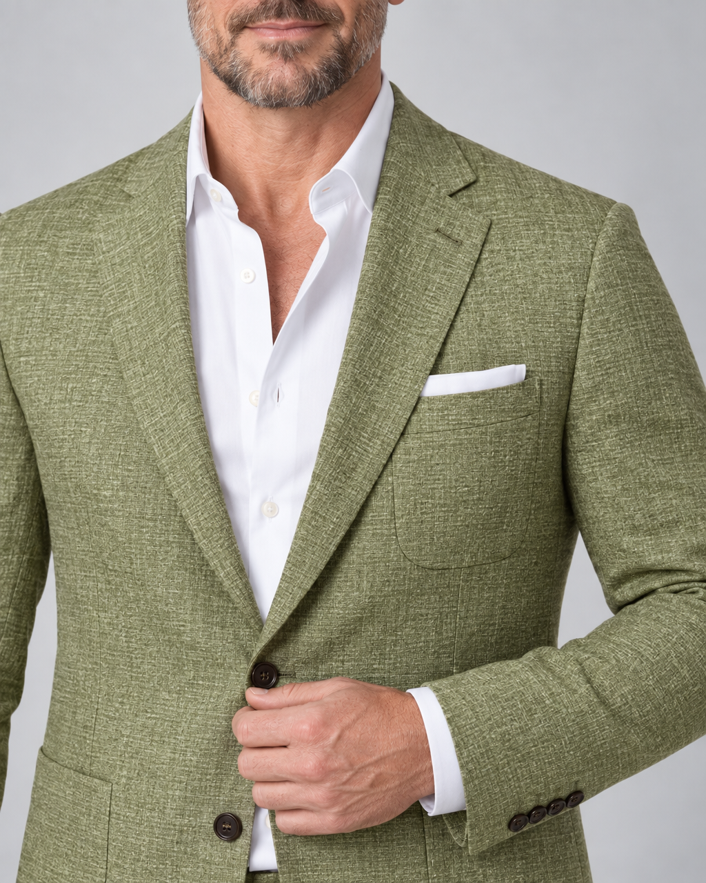 Close-up van een man in een groen gemêleerd colbert met wit overhemd en pochet