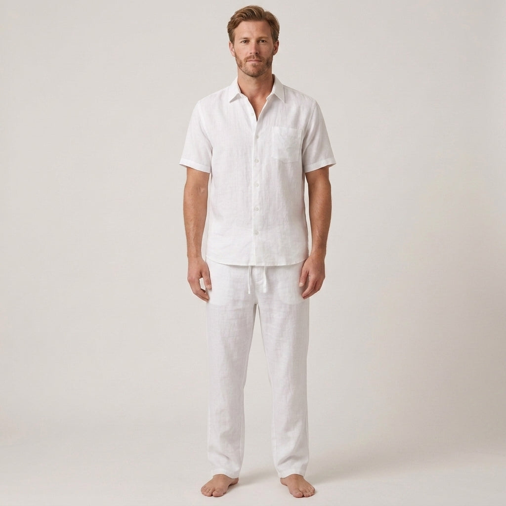 Tweedelige zomerset met V-hals overhemd en wijde broek voor heren