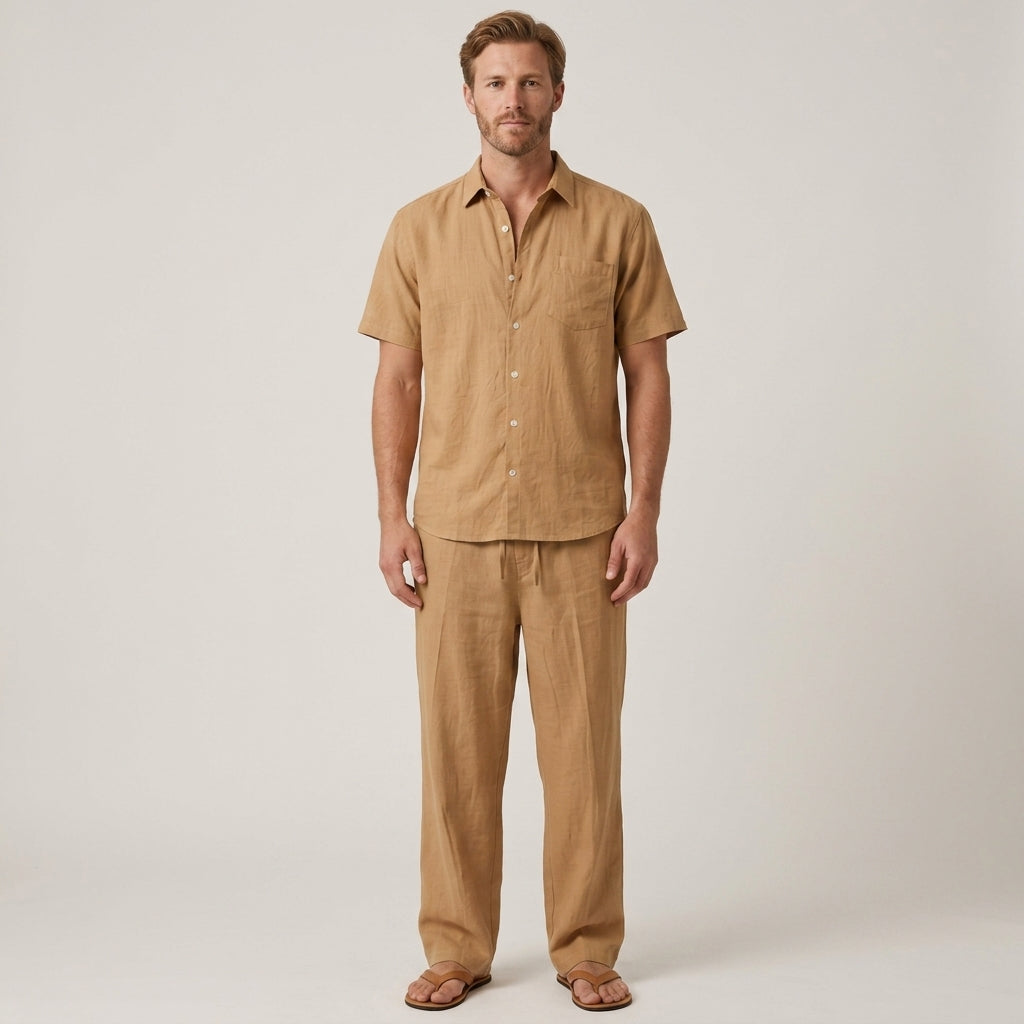 Tweedelige zomerset met V-hals overhemd en wijde broek voor heren