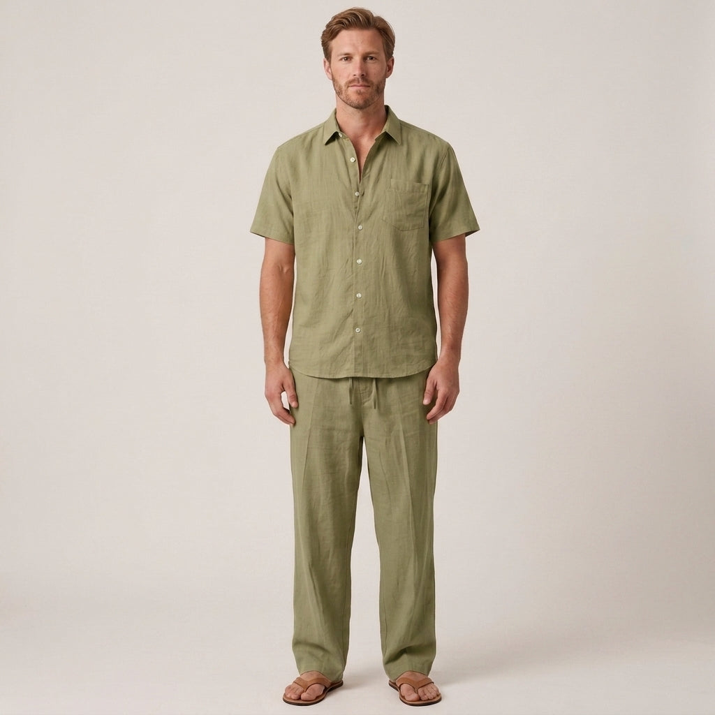 Tweedelige zomerset met V-hals overhemd en wijde broek voor heren