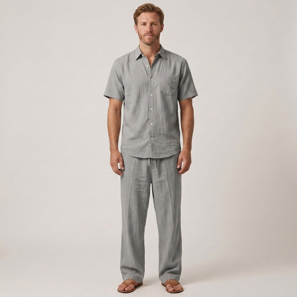 Tweedelige zomerset met V-hals overhemd en wijde broek voor heren