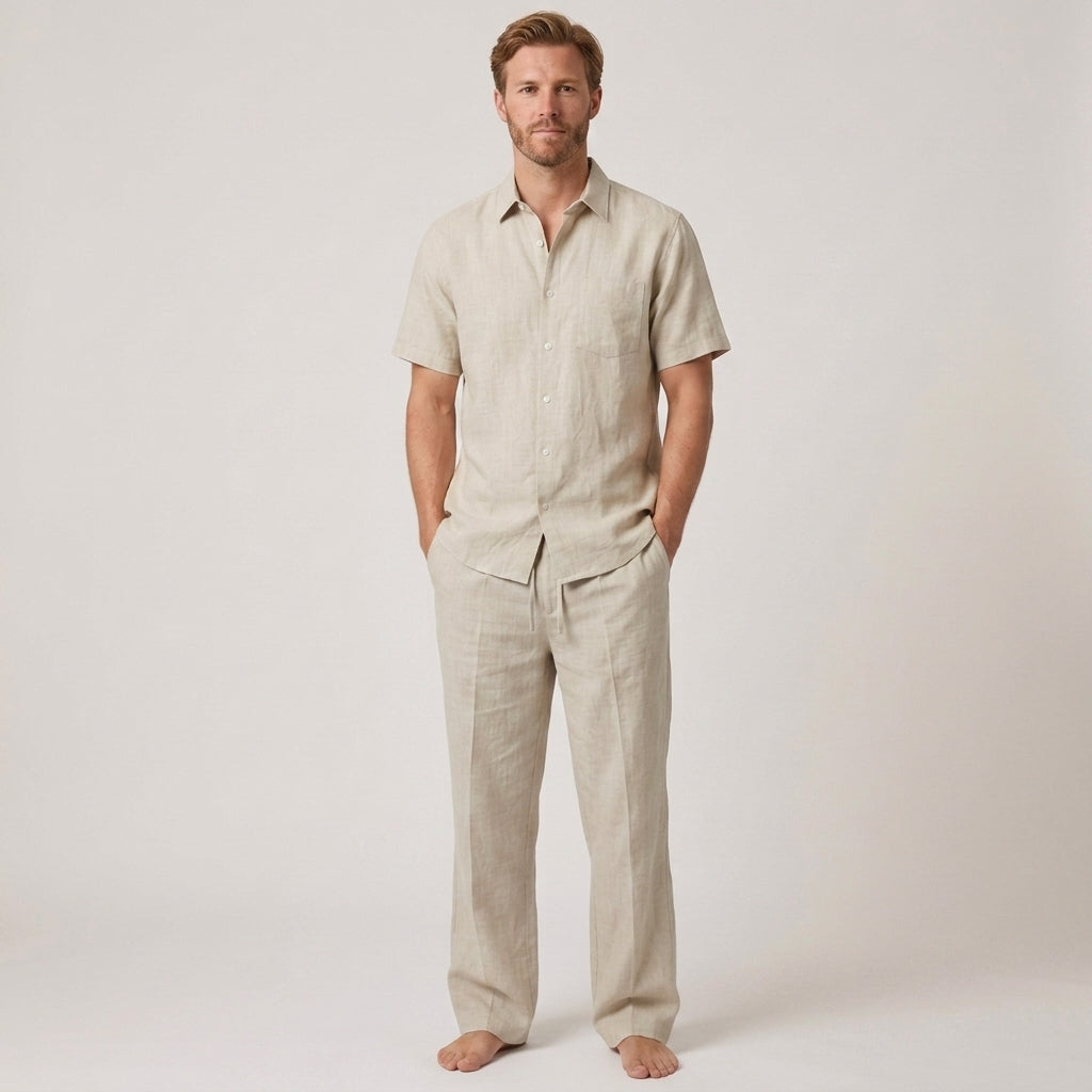 Tweedelige zomerset met V-hals overhemd en wijde broek voor heren
