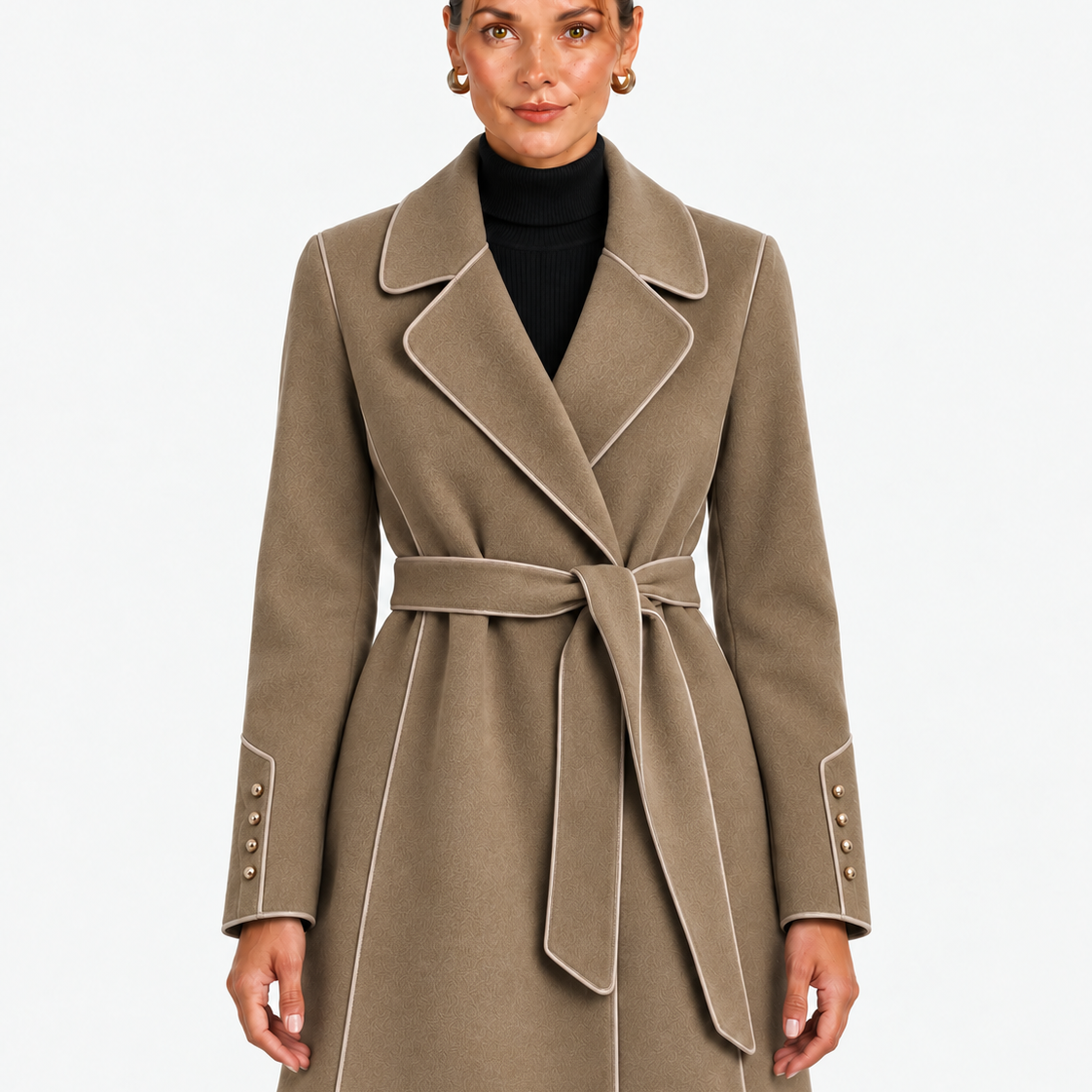 Elegante Jas met Tailleband, Contrasterende Bies en Brede Revers voor Dames