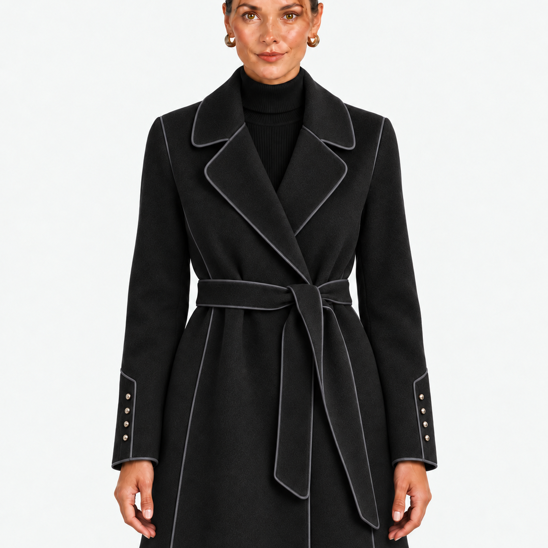 Elegante Jas met Tailleband, Contrasterende Bies en Brede Revers voor Dames