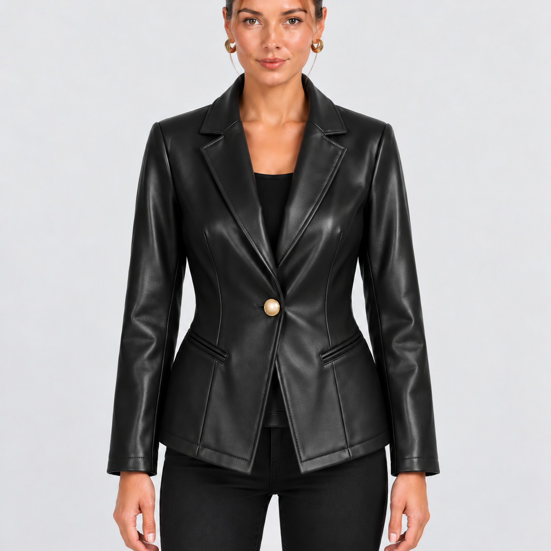 Elegante Leren Blazer met Gestructureerde Pasvorm voor Dames