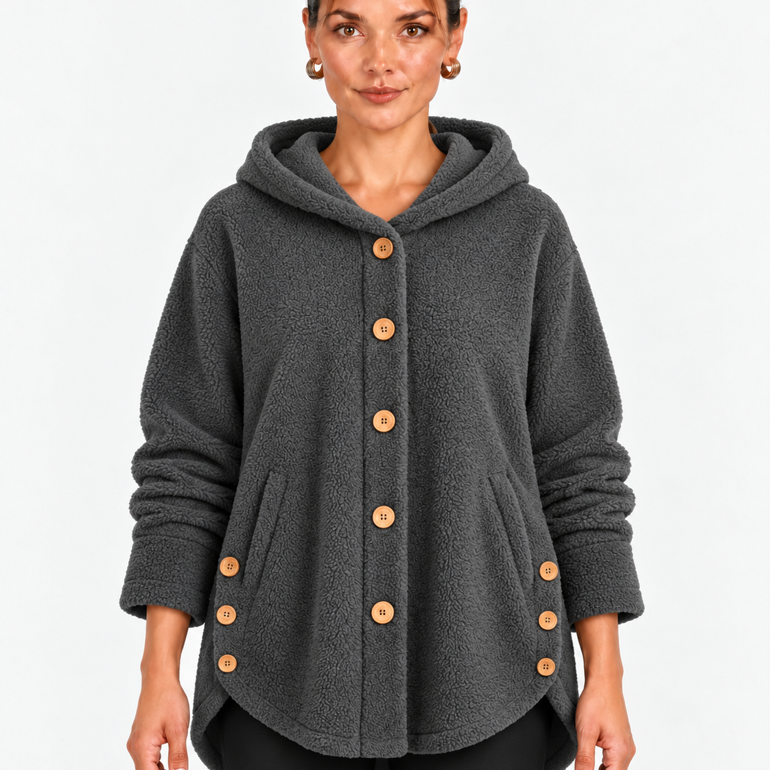 Fleece Jas met Capuchon en Houten Knopen
