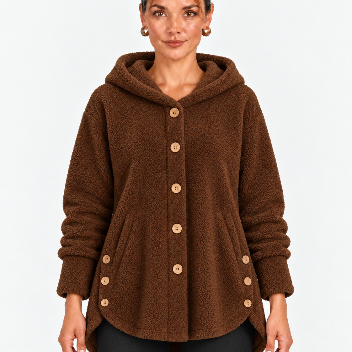 Fleece Jas met Capuchon en Houten Knopen