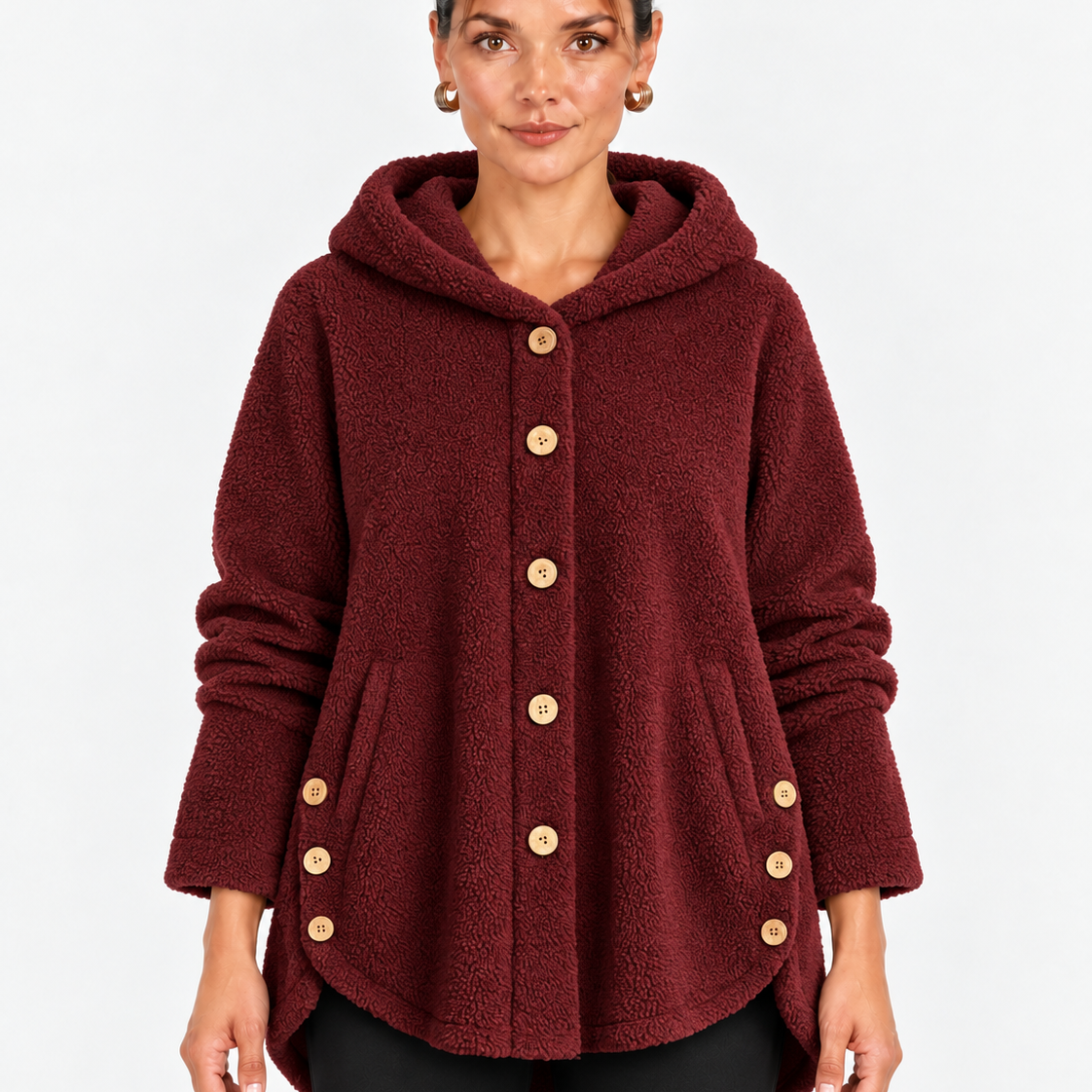 Fleece Jas met Capuchon en Houten Knopen