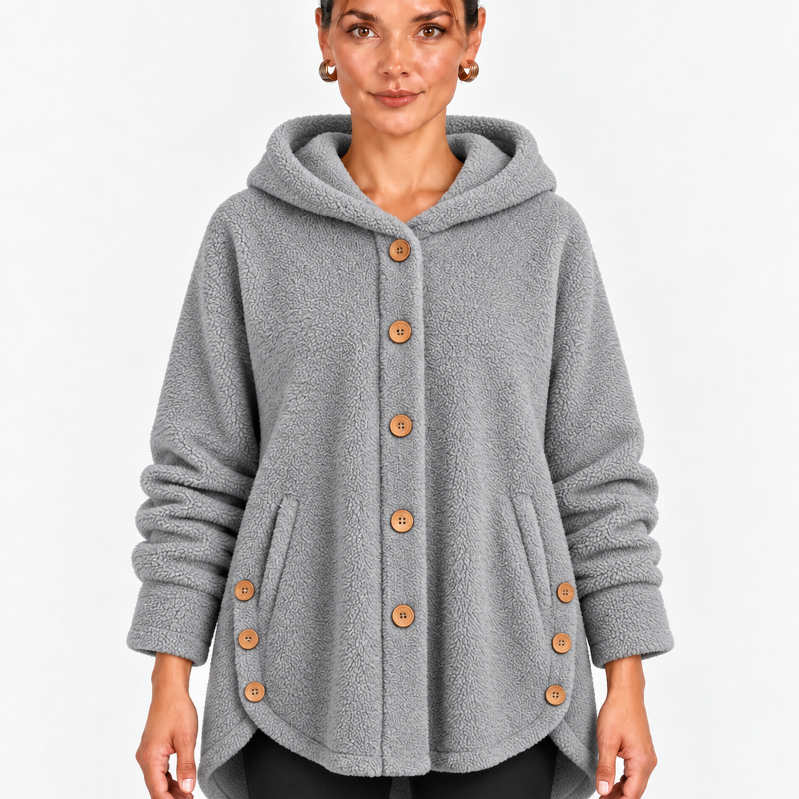 Fleece Jas met Capuchon en Houten Knopen
