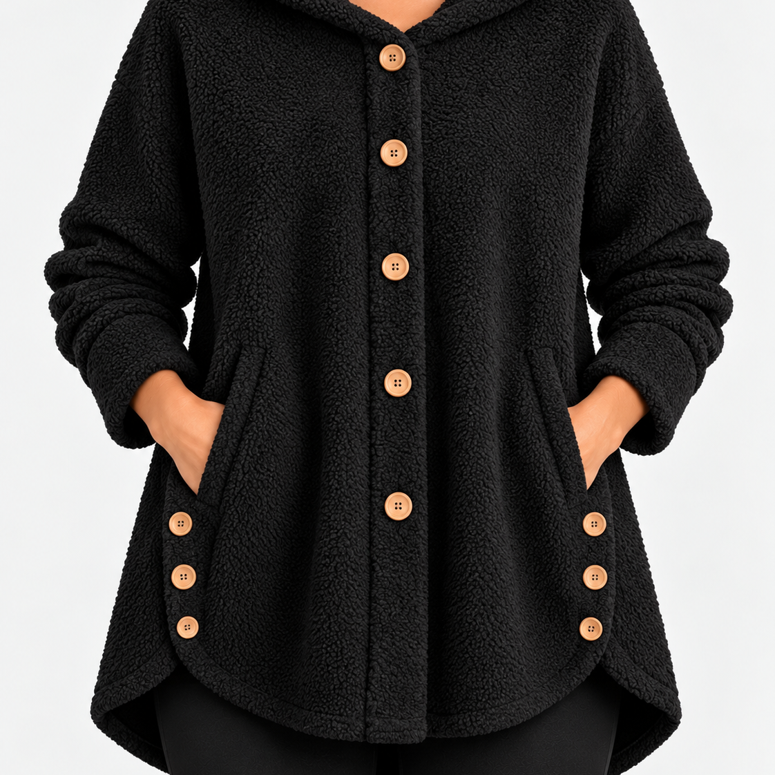 Fleece Jas met Capuchon en Houten Knopen