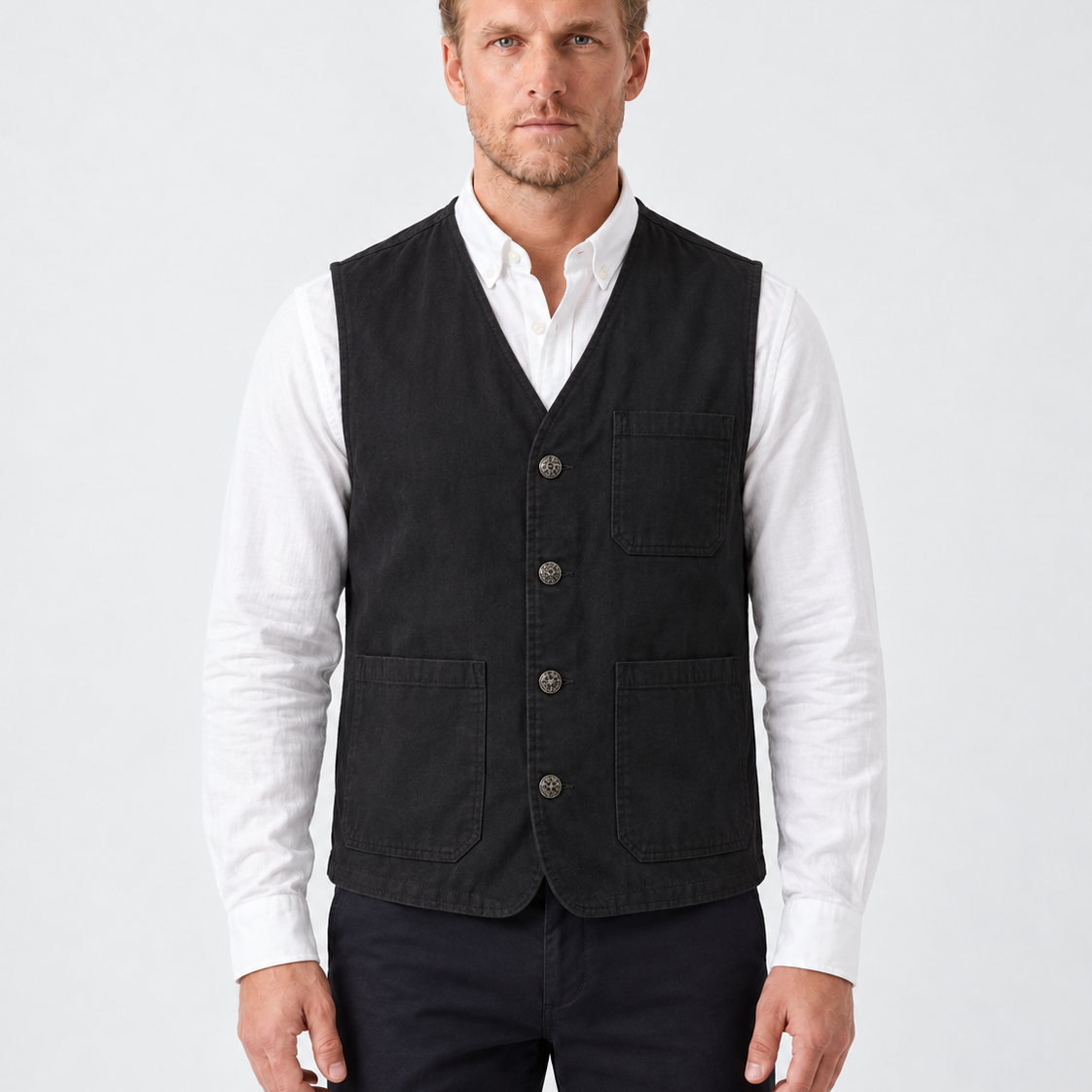 Katoenen Utility Gilet met Knoopsluiting voor Heren