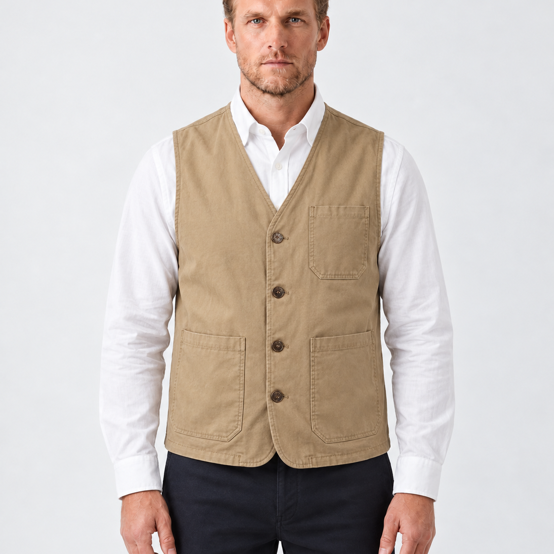 Katoenen Utility Gilet met Knoopsluiting voor Heren