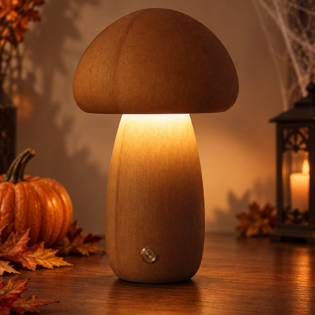 Houten tafellamp in paddenstoelvorm voor Halloween