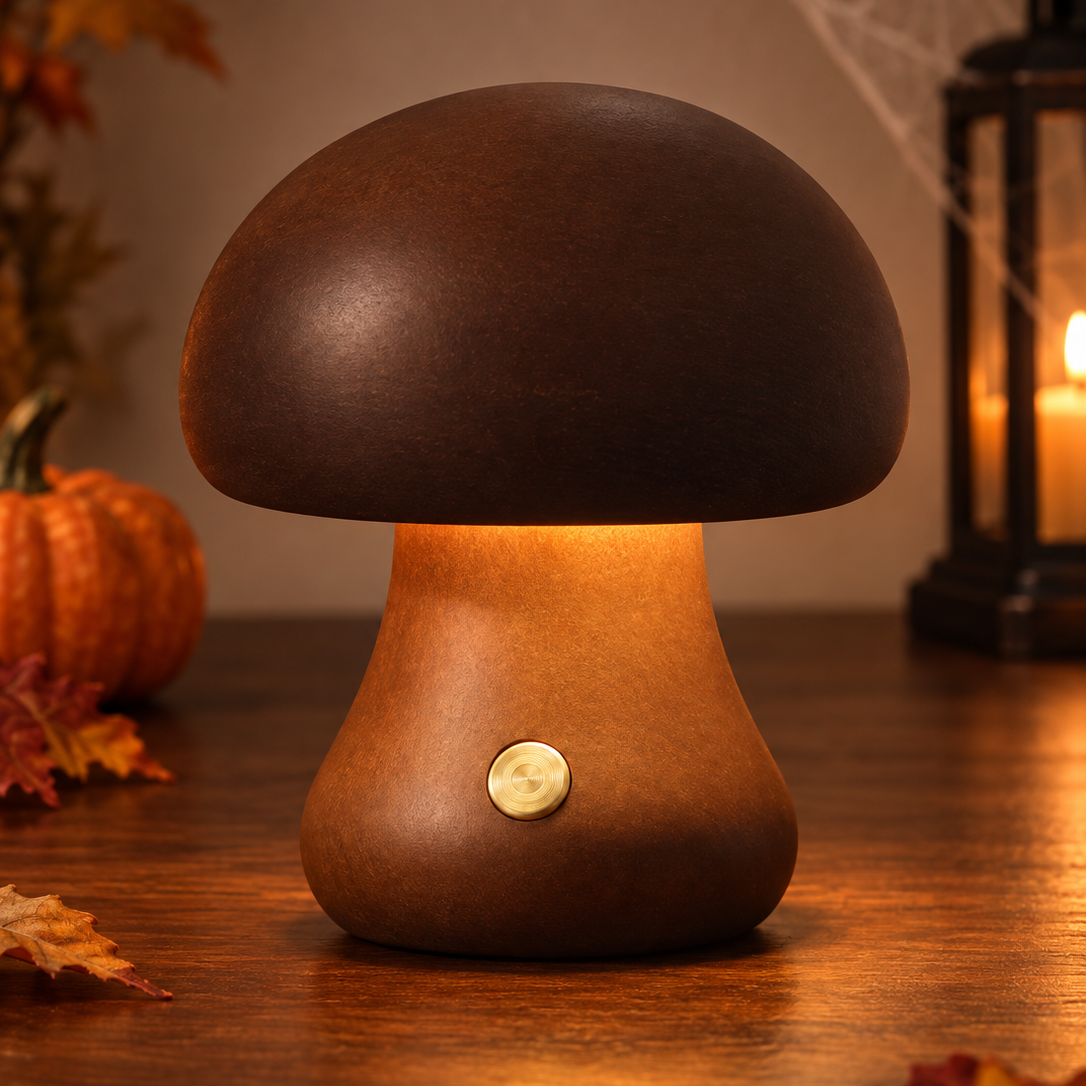 Houten tafellamp in paddenstoelvorm voor Halloween