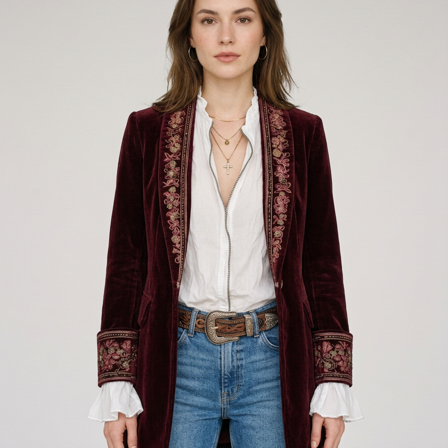 Lange Vintage Blazer met Geborduurde Details voor Dames