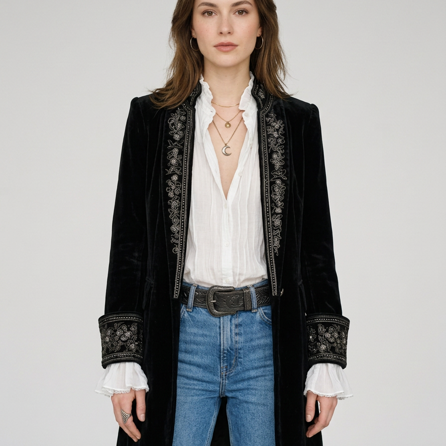 Lange Vintage Blazer met Geborduurde Details voor Dames