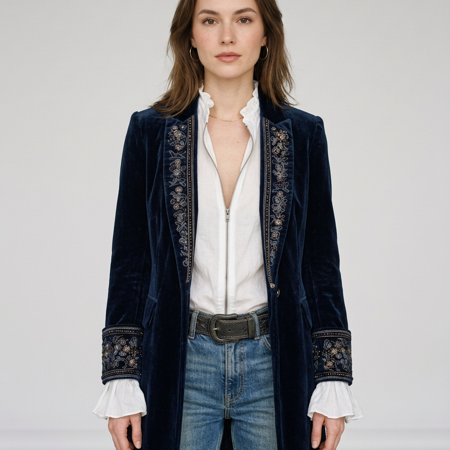 Lange Vintage Blazer met Geborduurde Details voor Dames