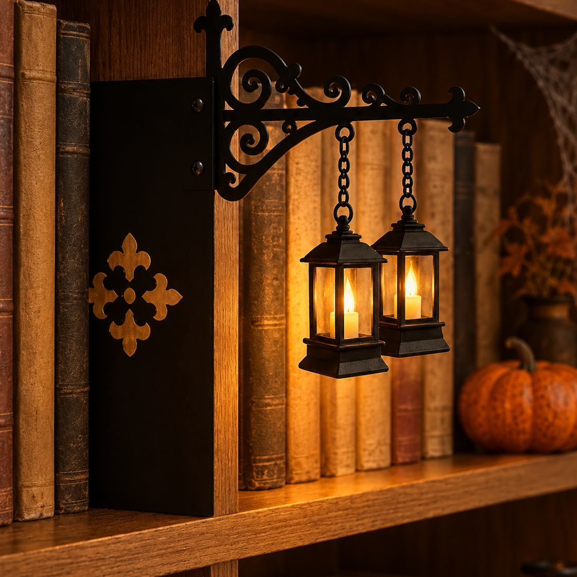 Boekenplanklamp met hangdecoratie voor Halloween