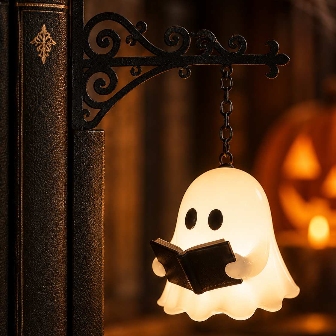 Boekenplanklamp met hangdecoratie voor Halloween
