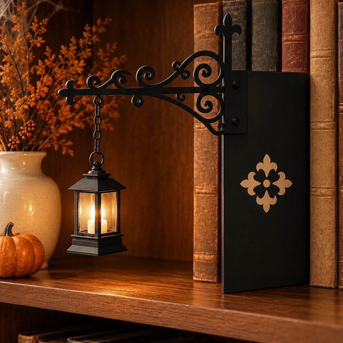 Boekenplanklamp met hangdecoratie voor Halloween