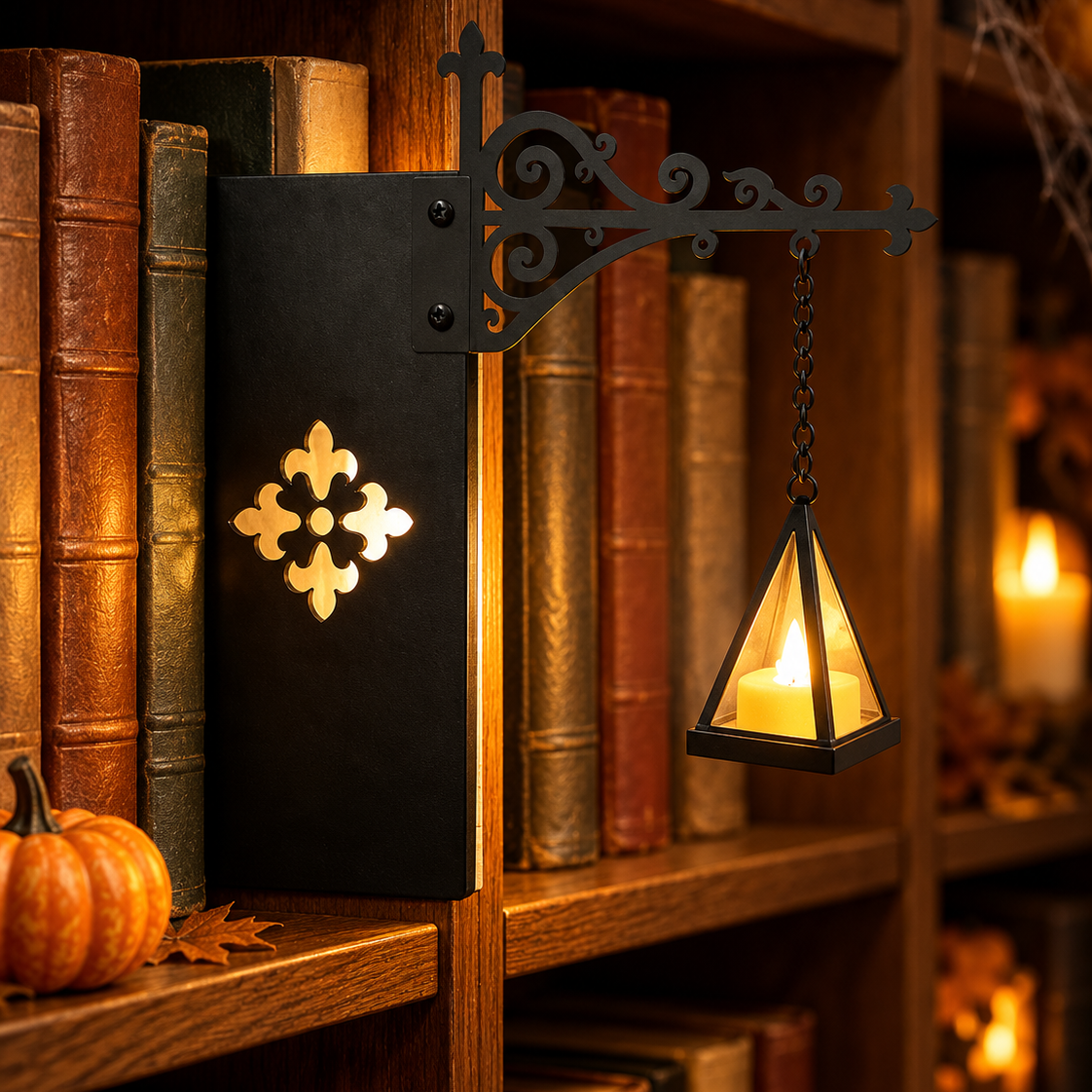 Boekenplanklamp met hangdecoratie voor Halloween