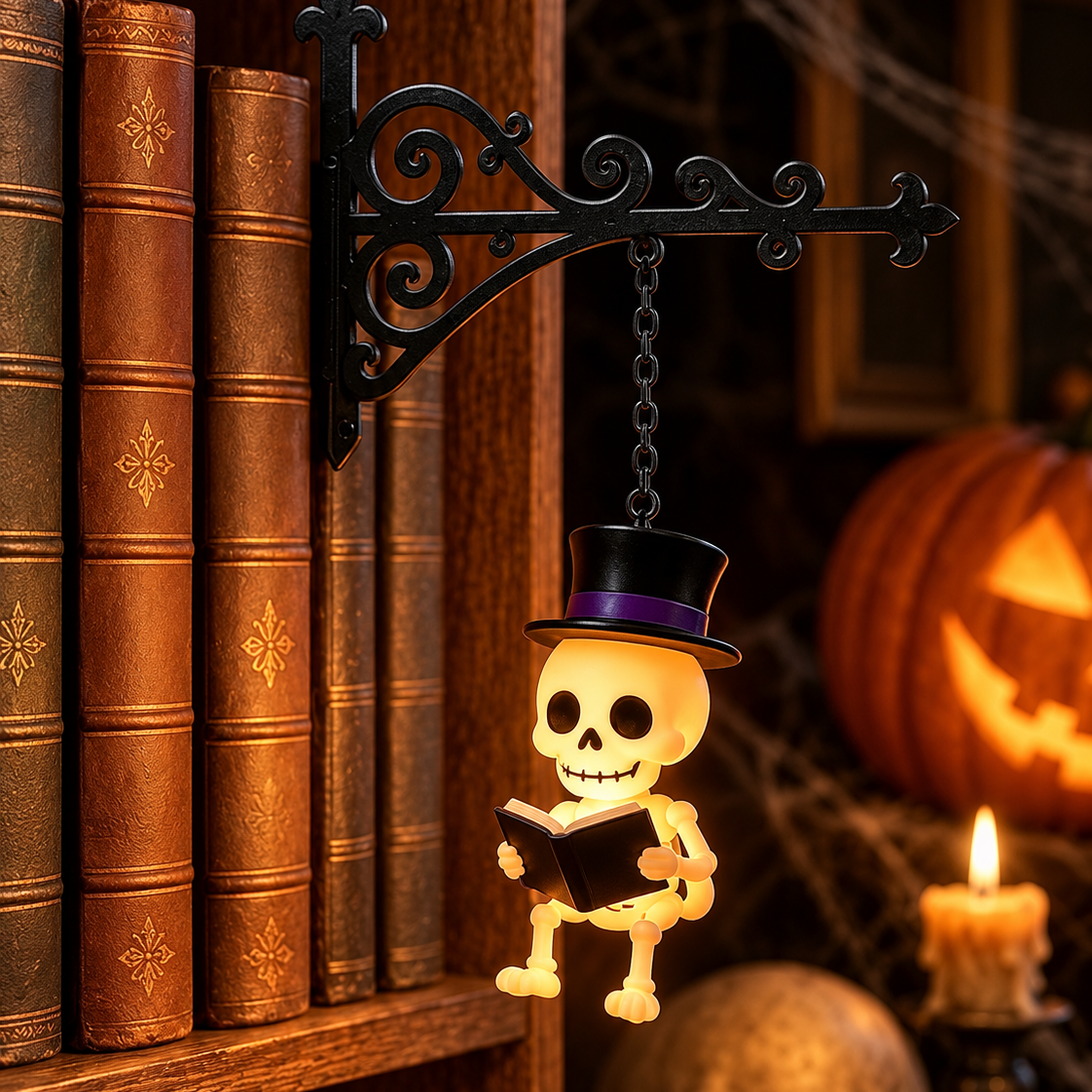 Boekenplanklamp met hangdecoratie voor Halloween