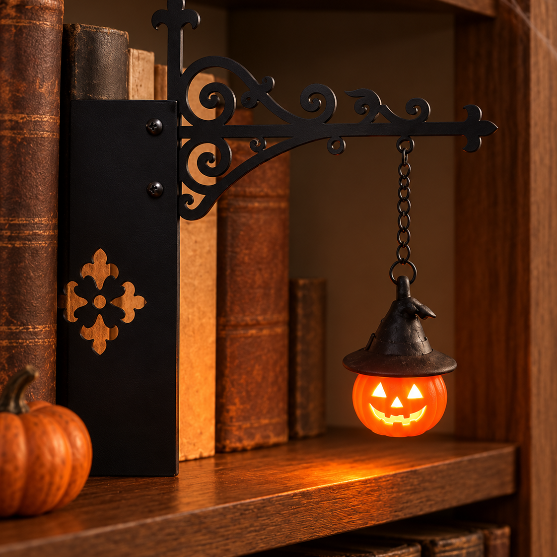 Boekenplanklamp met hangdecoratie voor Halloween