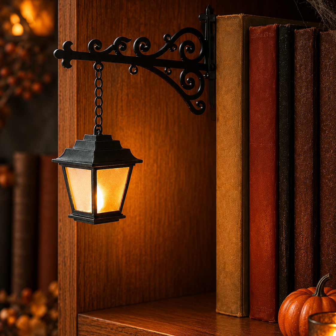 Boekenplanklamp met hangdecoratie voor Halloween