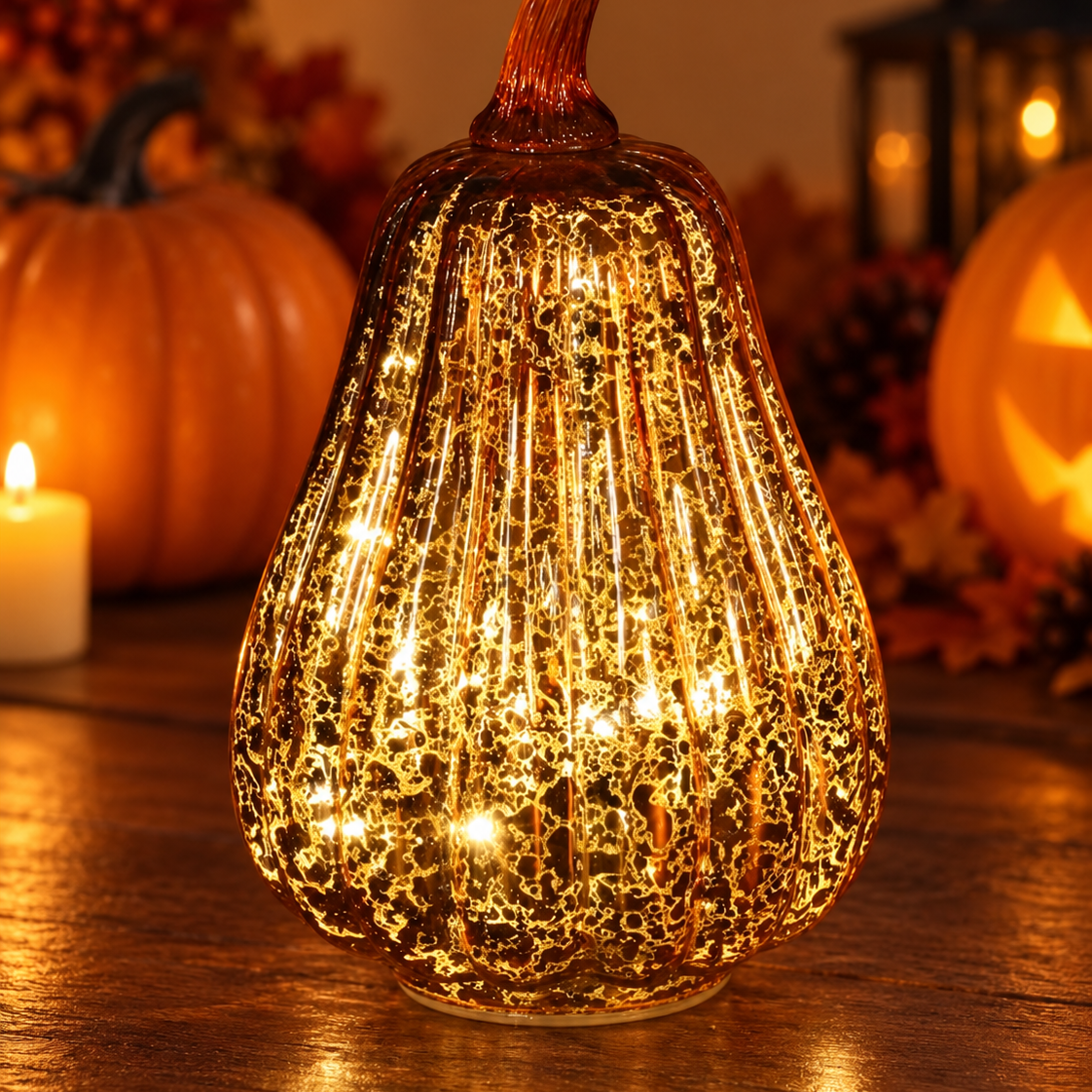 Handgeblazen glazen pompoenlamp voor Halloween